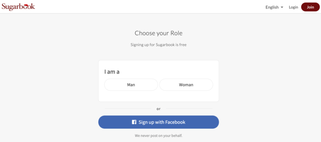 Signing up at SugarBook